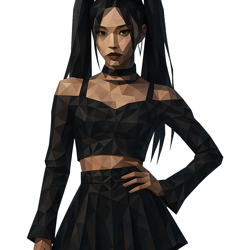 K-pop inspired gothic girl, polygonal style, geometric shapes, dark color palette, stylish stage outfit emoji
