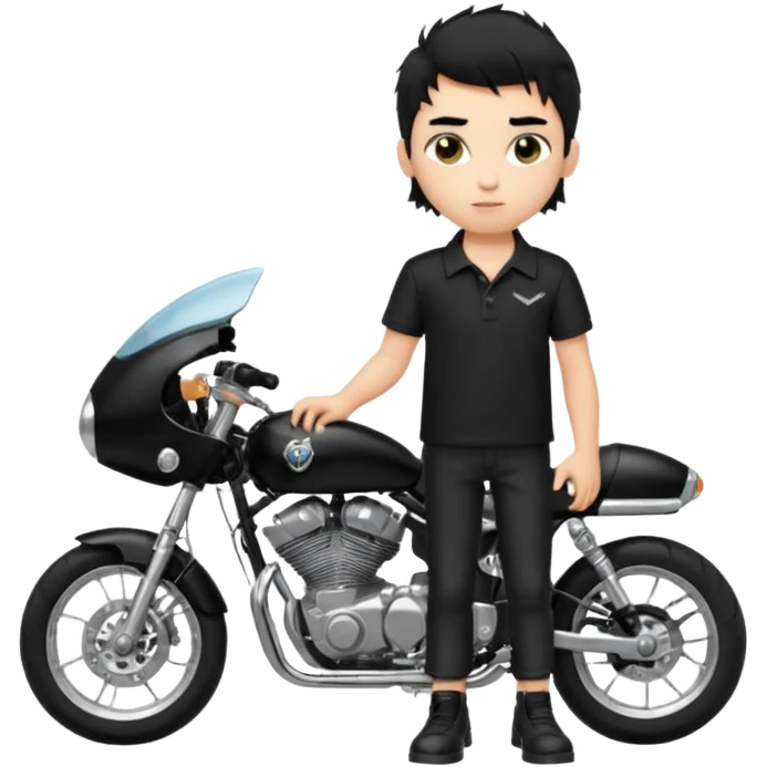 generate a pretty fair bratz boy with a messy mullet (black hair), wearing a BLACK polo.  standing witha superbike emoji
