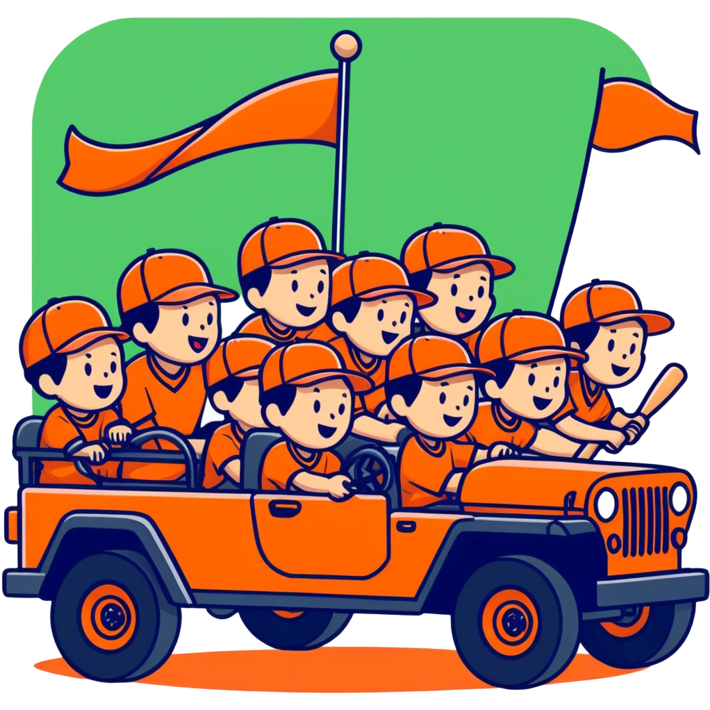 12 little league baseball players with orange hats riding on a red jeep in a parade emoji
