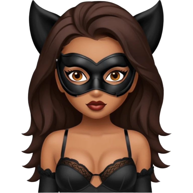 A sexy bratz girl. with caramel skin. Dark brown hair and brown eyes. She has freckles. Wearing sexy makeup. Dressed as a sexy purge mask. wearing lingerie. black heels on emoji