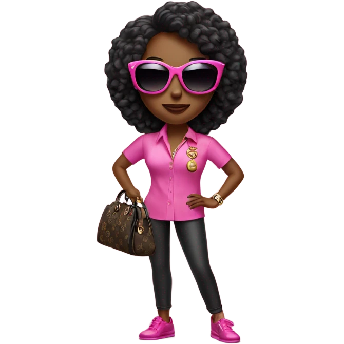 Create a black diva with sunglasses on holding a Gucci bag with money in a pink shirt emoji