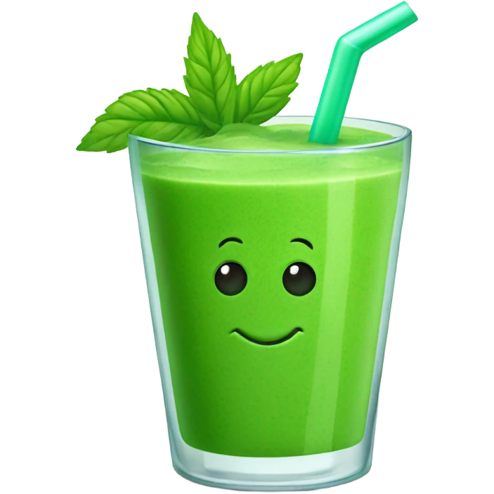 Generate a bright green smoothie emoji in a glass cup with a straw, decorated with a mint leaf and a smile. emoji
