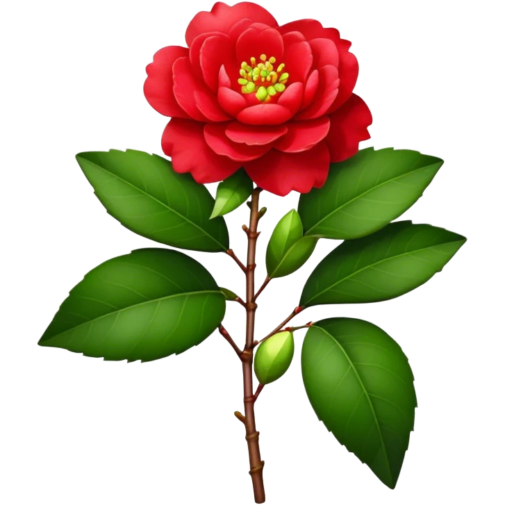 bouquet Red Camellia, luxuriant, stem, leaf, bud emoji