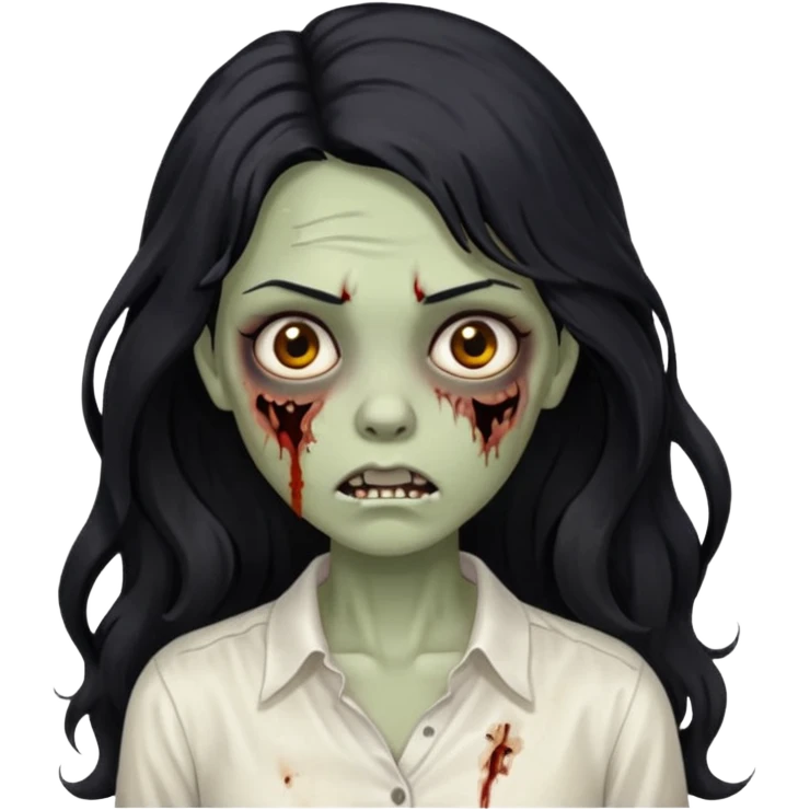 garota zumbi com cabelo preto ondulado longo blusa branca sem botões, lisa a blusa emoji