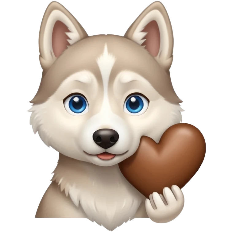 Beige husky with blue eyes holding a brown heart emoji