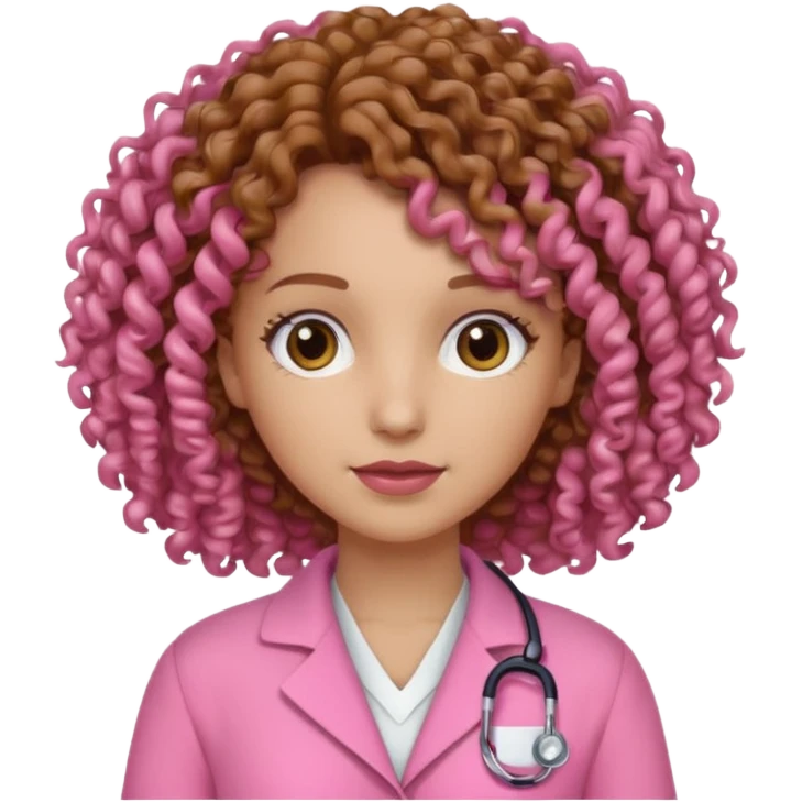 médica, cabelo castanho, pele branca, cabelo cacheado, roupa rosa emoji