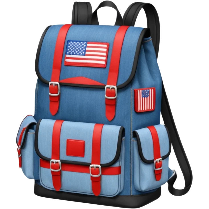a blue denim backpack with a flap top, two vertical black buckle straps on the front. The backpack has two side pockets and a soft square shape. at front view bottom pocket, red and with two divided logo like simple american flag

 emoji