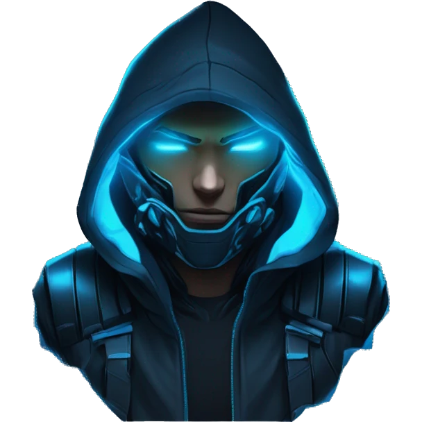 Hacker behind his laptop with this style : crysis Cyberpunk Valorant neon glowing bright blue character blue black hooded assassin themed character emoji