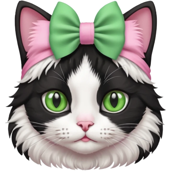 A black and white cat with green eyes she has a bow on her head she’s kinda fluffy  emoji