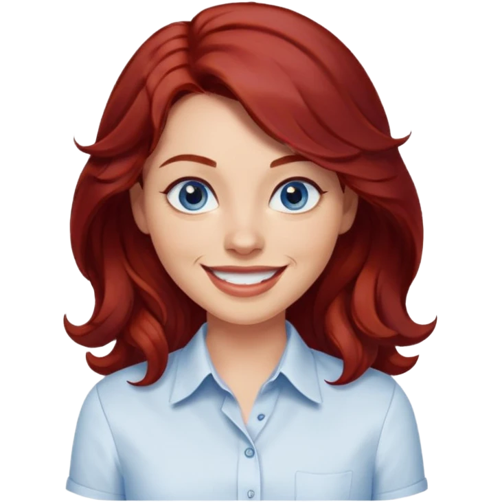 Create a custom emoji-style character inspired by a smiling woman with medium length, wavy dark red hair, light skin tone, and dark blue eyes. Emphasize a mischievous expression with a bright smile. emoji