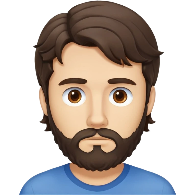 Caucasian man with wavy dark brown hair styled loose with wavy fringe, medium-length wavy hair, short full beard, neutral serious expression, simple blue shirt emoji
