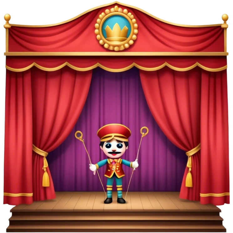 Icon for Puppet Theater: a puppet stage with curtains and a marionette performing on stage. The icon should represent the charm and artistry of puppet theater, with focus on the puppet and the stage setting. Transparent background. emoji