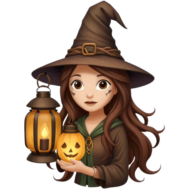 cute forest witch woman long wavy brown hair tattoos hiding inside lantern emoji