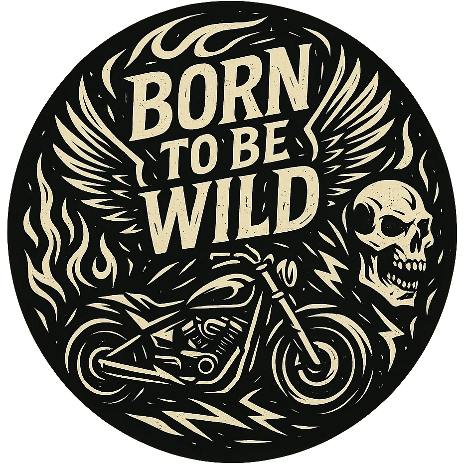 circular design pattern for a motorcycle helmet with transparent background, featuring the text 'Born to be wild' prominently, including motorcycle motifs such as a motorcycle, flames, wings, and skull, in a unique and distinct graphic style different from previous styles emoji