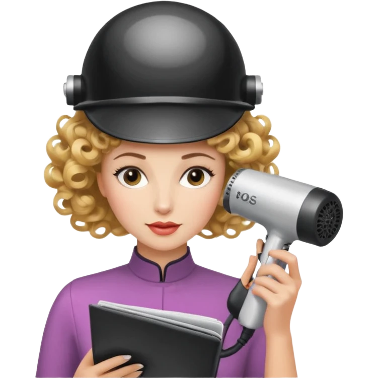 Emoji de mujer con casco secador, pelo recogido, rulos y leyendo revista, estilo vintage chic emoji