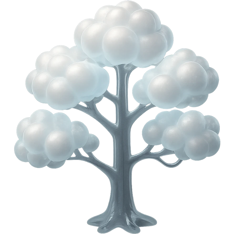 one tree with many branches, trunk made of small very bright white fluffy convex clouds, matte glass style emoji