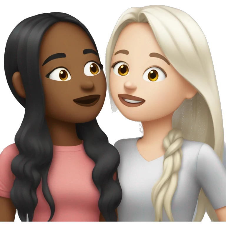 A girl kissing another girl on the cheek, both are blushing. They both have white skin and long black hair emoji