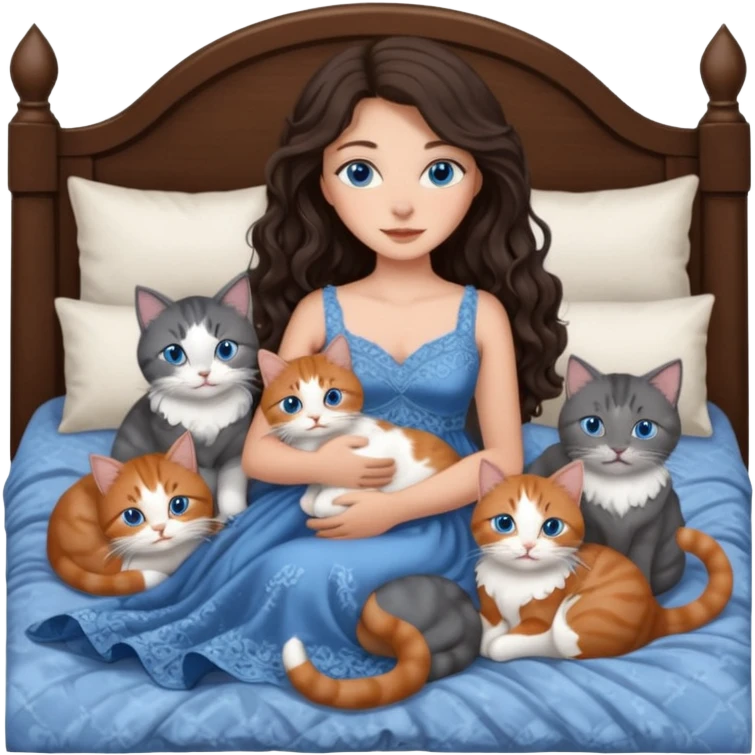 detailed realistic looking a dark grey and white cat regally laying with six other cats, cuddling with their owner in bed who is a pretty bratz lightly tanned white girl with long dark brown hair, blue eyes and gorgeous long wavy hair wearing a pretty detailed dress emoji
