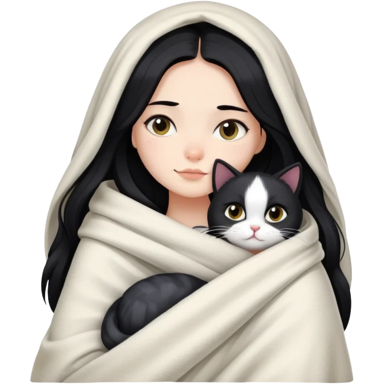 A girl with fair skin and long black hair wrapped in a blanket hugging a black and white cat emoji