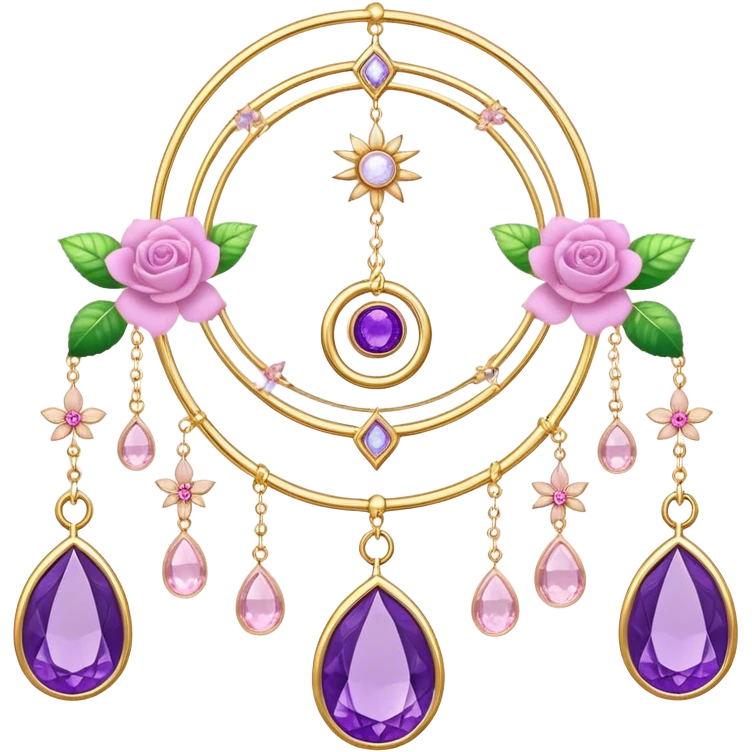 Epic beautiful gorgeous cute gold suncatcher, threads with shiny sparkly amethyst and rose-quartz gemstones, flowers, crescents-moons emoji