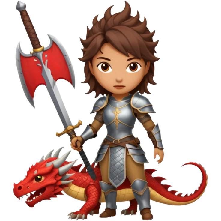 Fierce Latina in armor with a sword after a battle cutting off the head of a dragon emoji