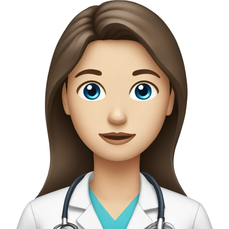long brown hair, blue eyes, female doctor emoji emoji