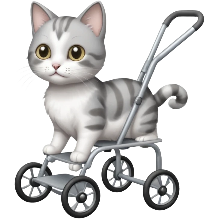 disabled grey and white small cat using a mobility walker for cats emoji