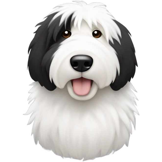 Old English sheepdog with a half and half face like a black (left) and white (right) cookie emoji