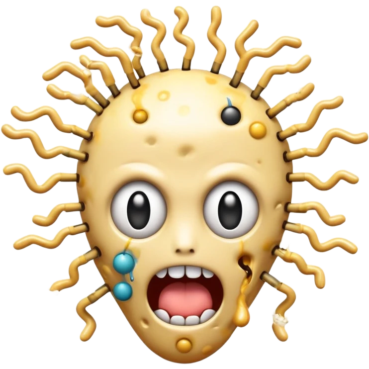 absolutely insane emoji with eyes popping out of sockets on springs, brain partially exposed, multiple gigantic polka-dotted tongues flailing in all directions, tiny explosions around head, face melting, completely deranged look emoji