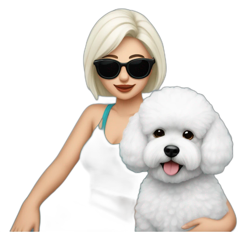 mujer piel blanca pelo negro largo con perro bichon blanco y unas gafas rosas en un prado verde con amapolas azules  emoji