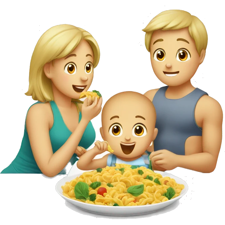 Baby eat his side dish and with mom and dad are eating  emoji