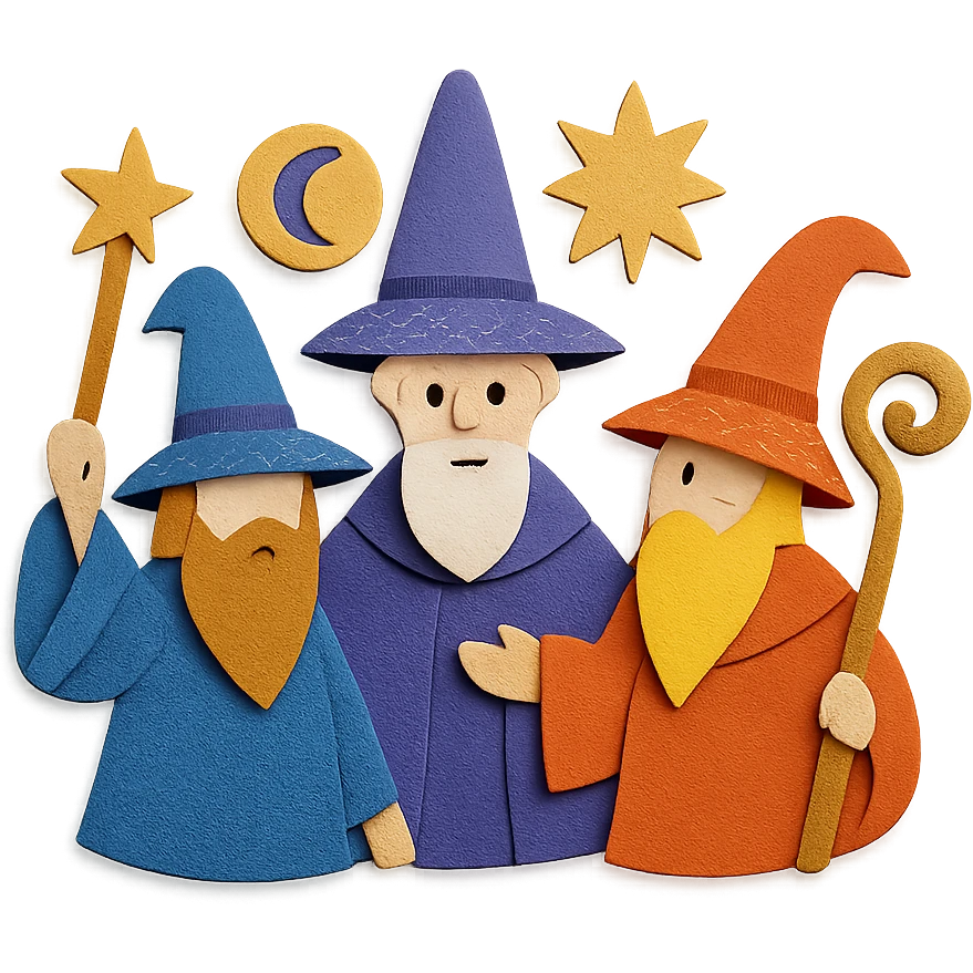 fantasy conclave with wizards and magical symbols in paper craft style emoji