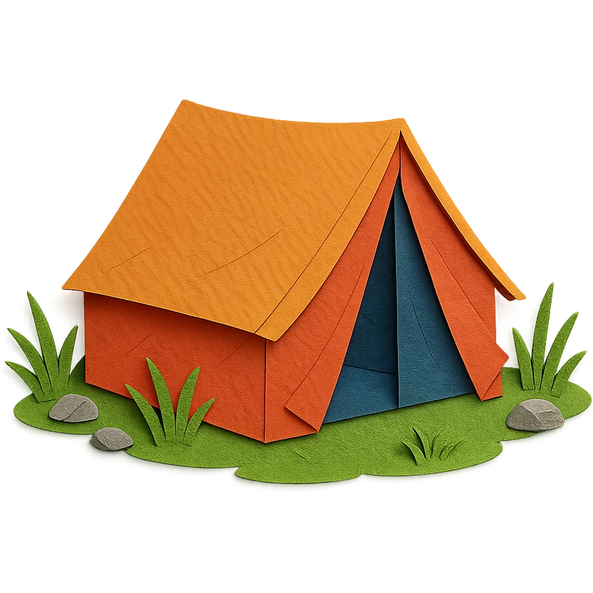 very detailed camping tent, paper craft style, intricate cut paper textures, pitched tent with open flap, surrounded by grass and small rocks emoji