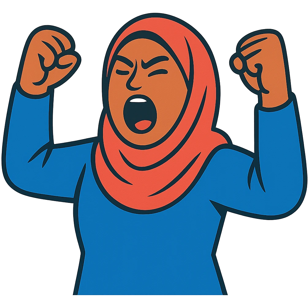 hijabi woman, yelling with fists raised emoji