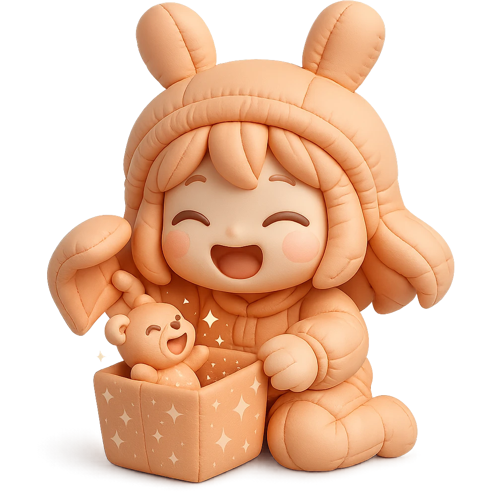laughing chibi cute girl with a bunny hat unwrapping a magical glitter gift box with a small laughing teddy bear inside the gift box, full body, clean and polished, no imperfections, cushion style emoji