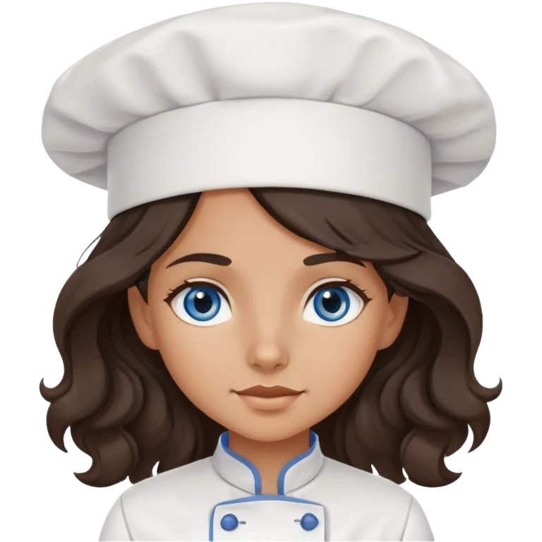 A girl with long, dark brown, wavy hair, grey-blue eyes. He cooks in the clothes of a cook emoji