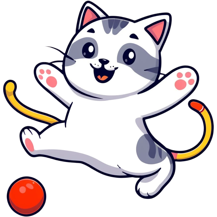 A playful cat chasing a toy emoji