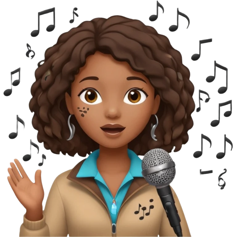 African American girl singing with microphone in her hand Abe music notes everywhere floating around emoji