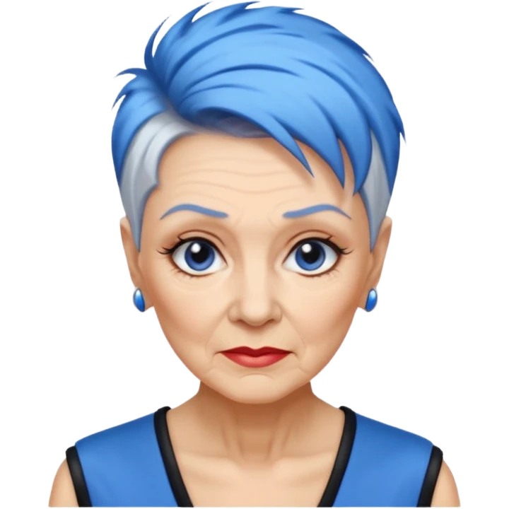 reife frau, achtzigJahre alt kein kind! freche extreme schwarze Kurzhaarfrisur eine Seite wirklich fast keine Haare andere Seite mit blauer Strähne kurze Seite noch viel kürzer emoji