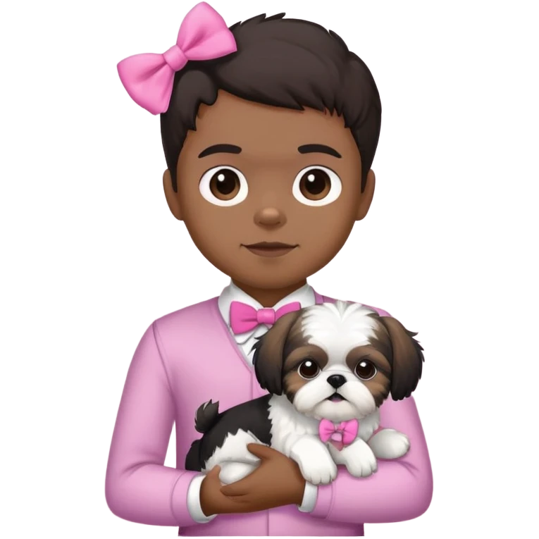 black little boy holding a black and white shih tzu dog who’s wearing a pink bow emoji