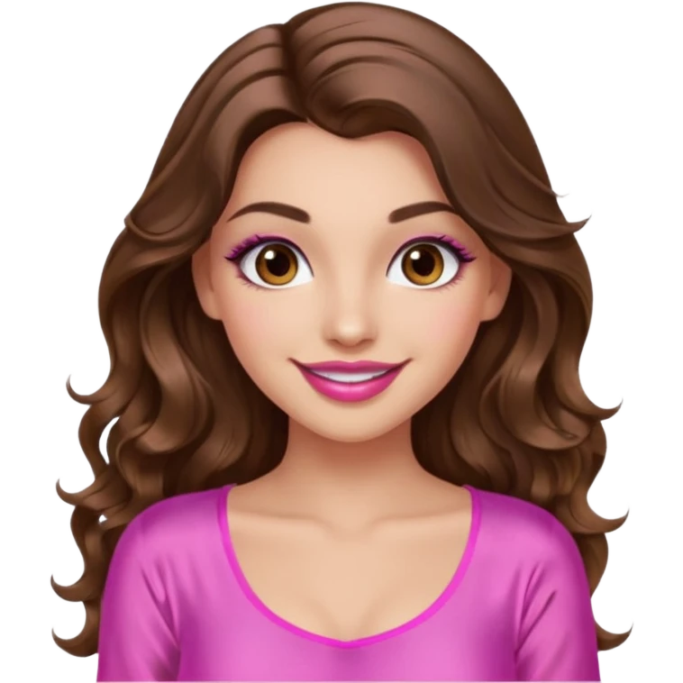 girl with long wavy brown hair, brown eyes, long lashes makeup, sexy pink lips, light to medium complexion, wearing a pink sexy silk top, smiling emoji