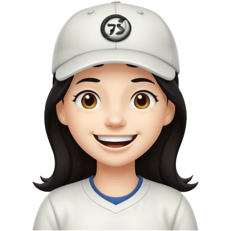 Digital illustration of a cartoon character with a big smile on its face and whinking. The character has long dark hair and is wearing a white baseball cap and casual clothes. The overall style of the illustration is cute and playful. emoji