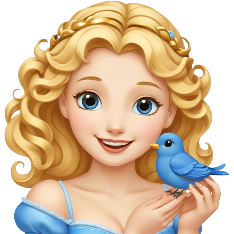 Cinematic Adorable Cinderella Portrait Emoji, Giggling softly while holding a tiny bluebird, golden curls bouncing, eyes sparkling with joy, wrapped in a soft golden glow, exuding warmth and charm, an irresistible blend of beauty and playfulness! emoji