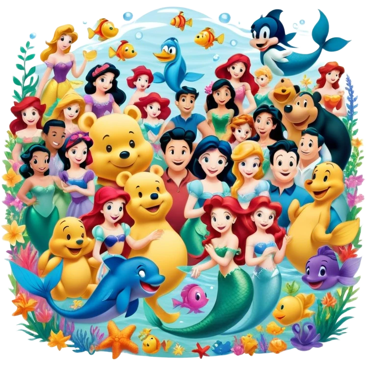 Icon for Animated Characters: A colorful, large-scale collage of beloved cartoon characters, including Franco, Mickey Mouse, Winnie-the-Pooh, Ariel the Little Mermaid, Jasmine and others. Bright and vibrant, full of whimsical charm. Transparent background. emoji