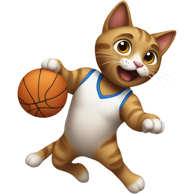 cat jumping dramatically with basketball ball in hand looking like its about to dunk (no hoop) emoji