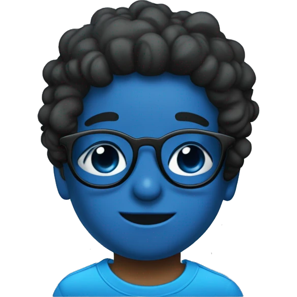 Niño con el pelo negro Y corto gafas azules una camiseta azul con un dibujo  emoji