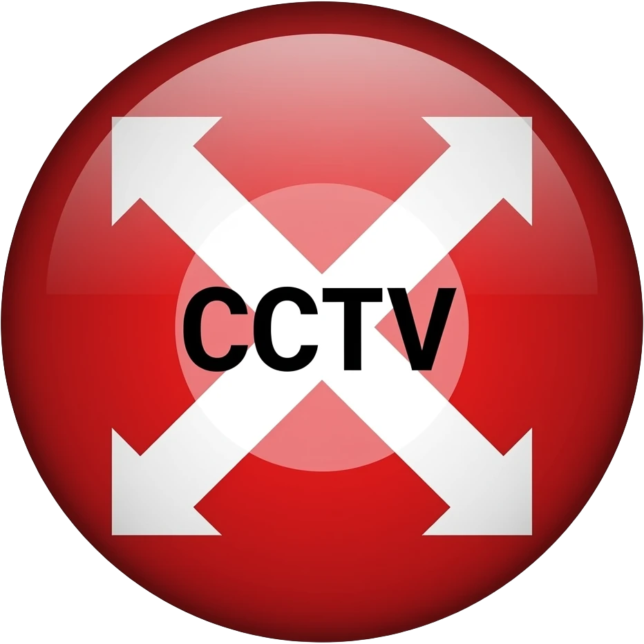 Red filled circle with white X and arrow on all end points on the X white circle in the middle. Biggest possible CCTV word in the centre in black emoji