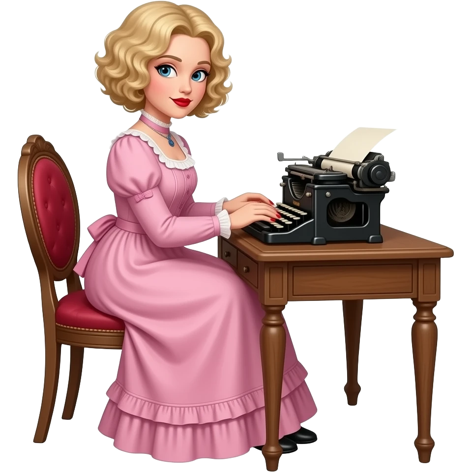 short blonde curly pixie bob hair in a 1800 pink outfit sitting down an antique desk with four wood legs, antique phone, and typing on an antique typewriter with red lipstick, red finger nails and in a Victorian setting emoji