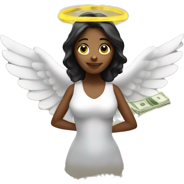A lady with halo and money with wings underneath her chest emoji