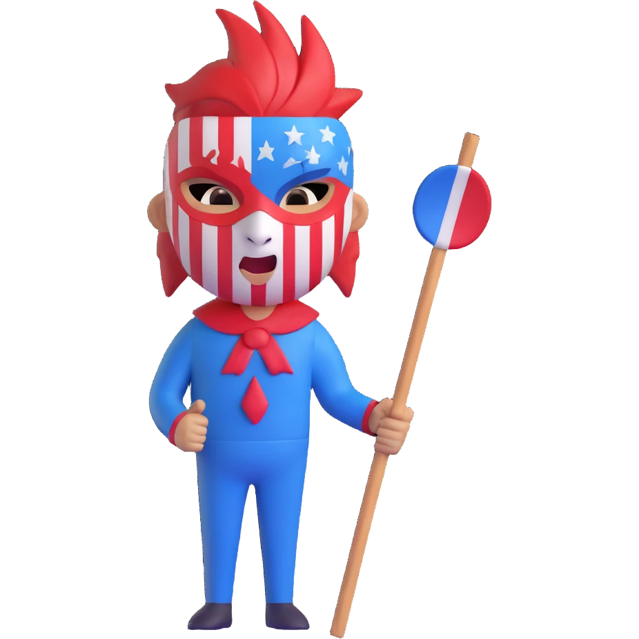 ruthless boy emoji with wild expression, mask painted in red, white, and blue stripes, holding a sharp stick, inspired by Lord of the Flies emoji